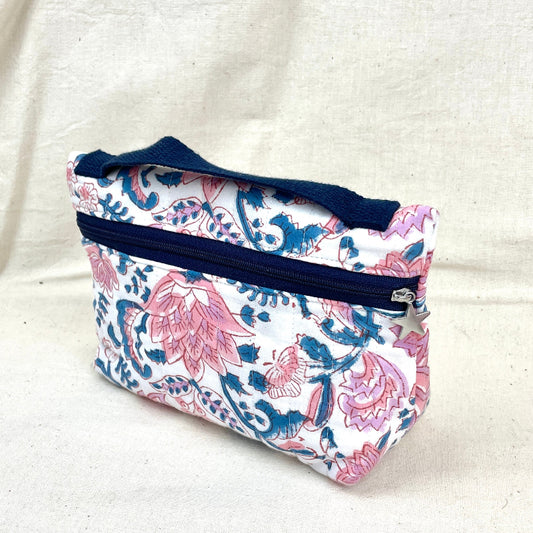 trousse de maquillage doublée, tissu rose bleue